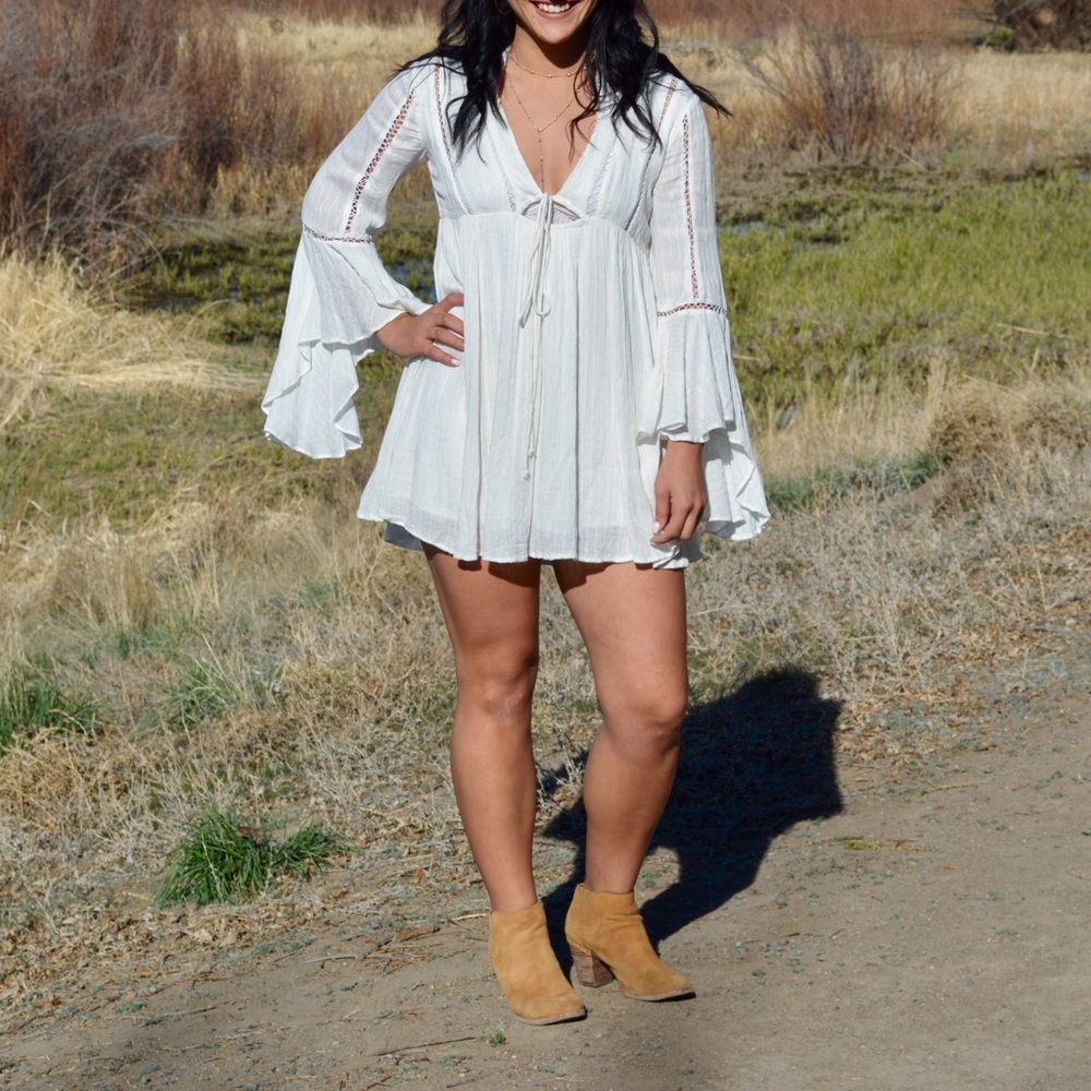 Free People Boho White Flowy Mini Dress